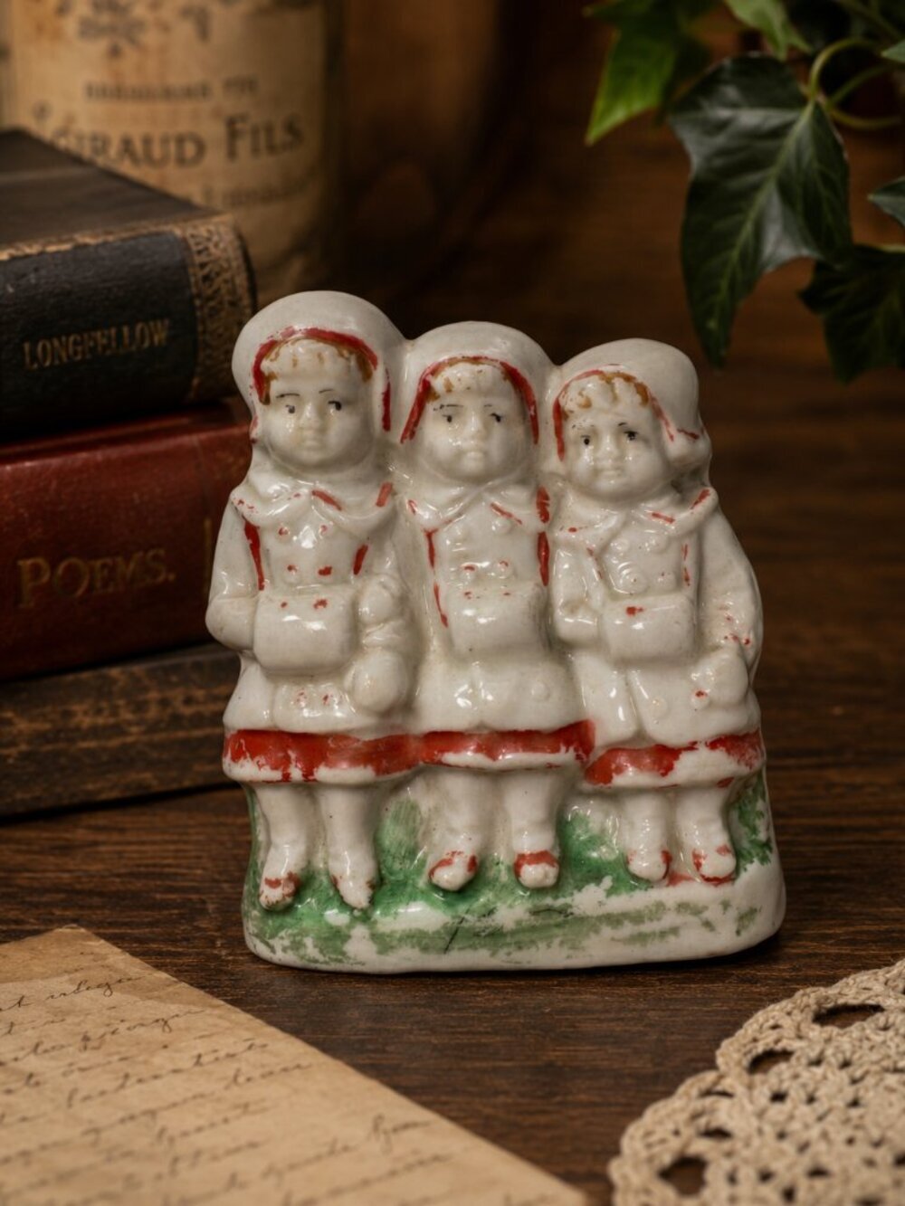Antique 1880s German Bisque Fairing Three Children Figurine